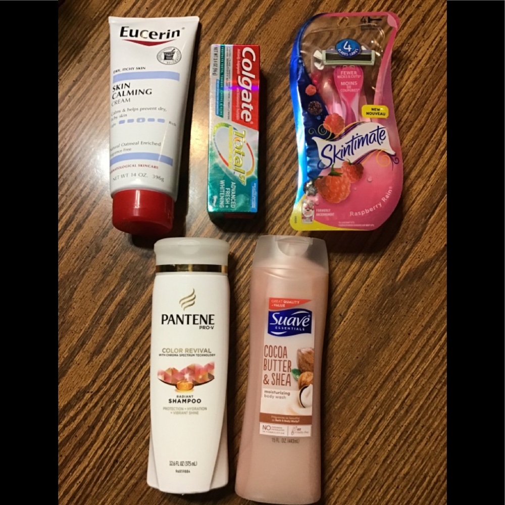 lotion, razors ,shower gel ,toothpaste ,shampoo